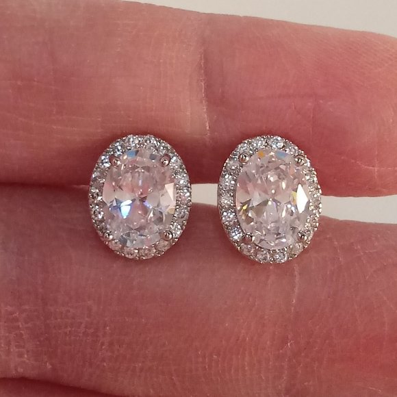 925 Silver Oval Diamond Zircon Crystal Halo Stud Earrings 1.41ctw ea. Party Gift - Picture 4 of 6